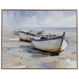 Bradley Bay Coastal Canvas Painting featuring beached white rowboats with navy trim in a wood look frame