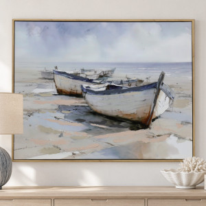 Bradley Bay coastal canvas with blue and white rowboats, styled above a console beside a lamp and shell bowl
