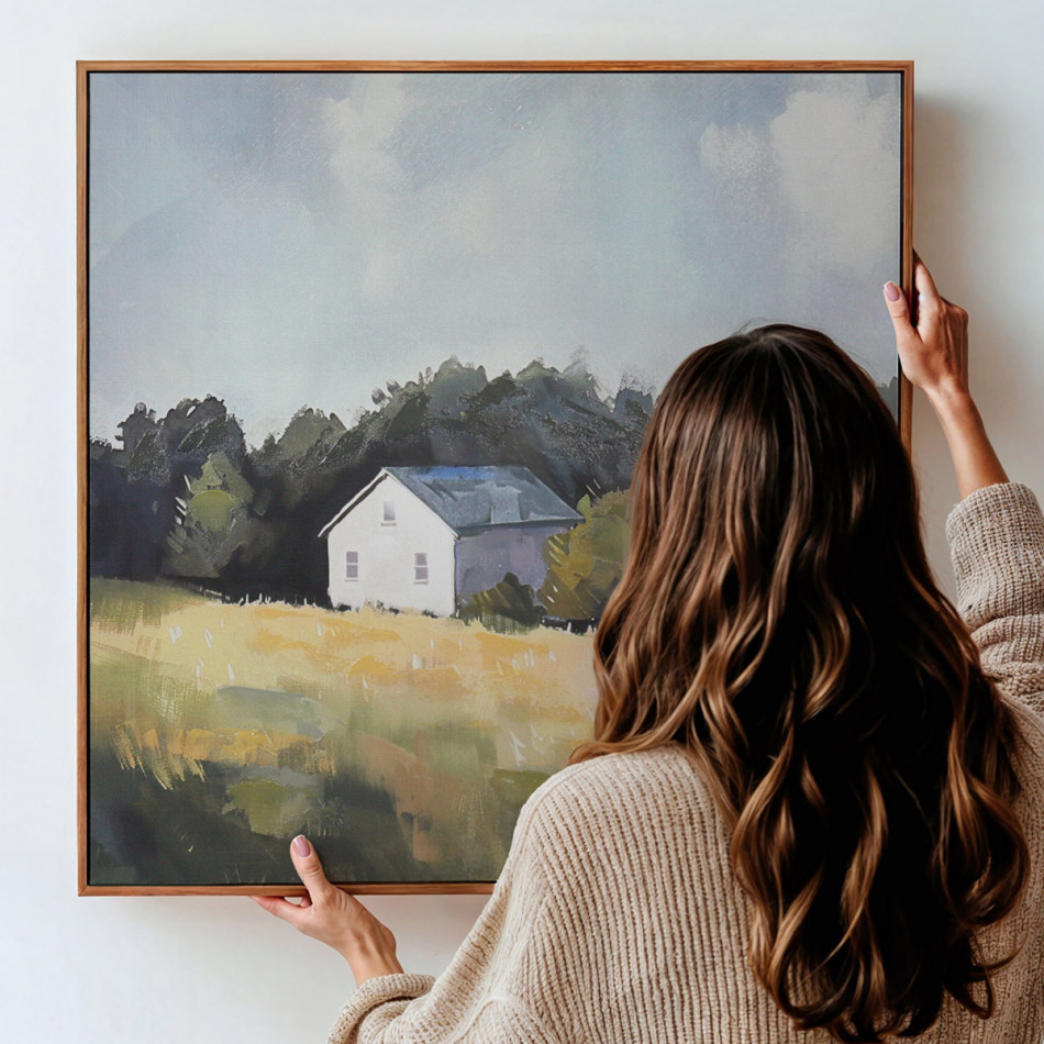 Hill Farm Landscape Canvas Painting, decorative wall artwork for an interior display