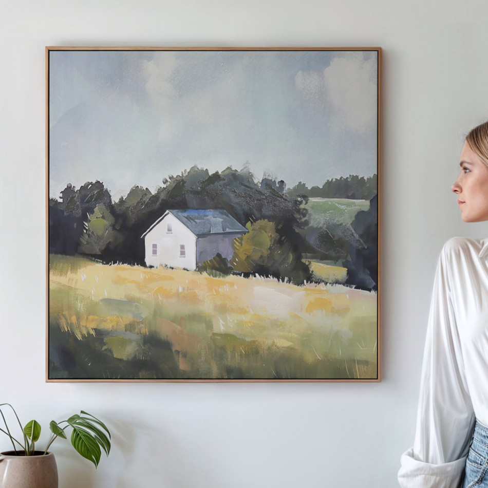 Hill Farm Landscape Canvas Painting, framed wall artwork