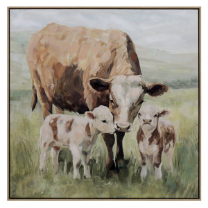 Daly Farm Jersey Cows Canvas Painting showing a cow and two calves in a green paddock with a natural-coloured frame