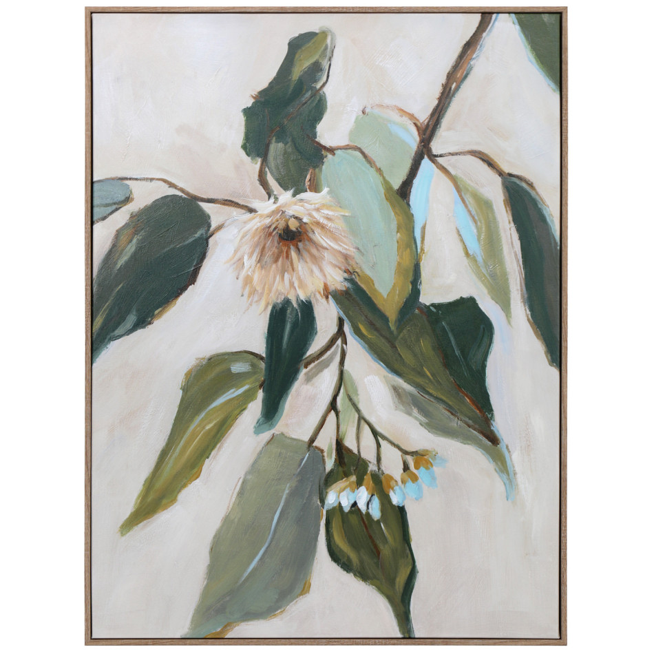 Jenna Pink Eucalyptus canvas painting with green foliage, a pale flower and a natural-coloured portrait frame