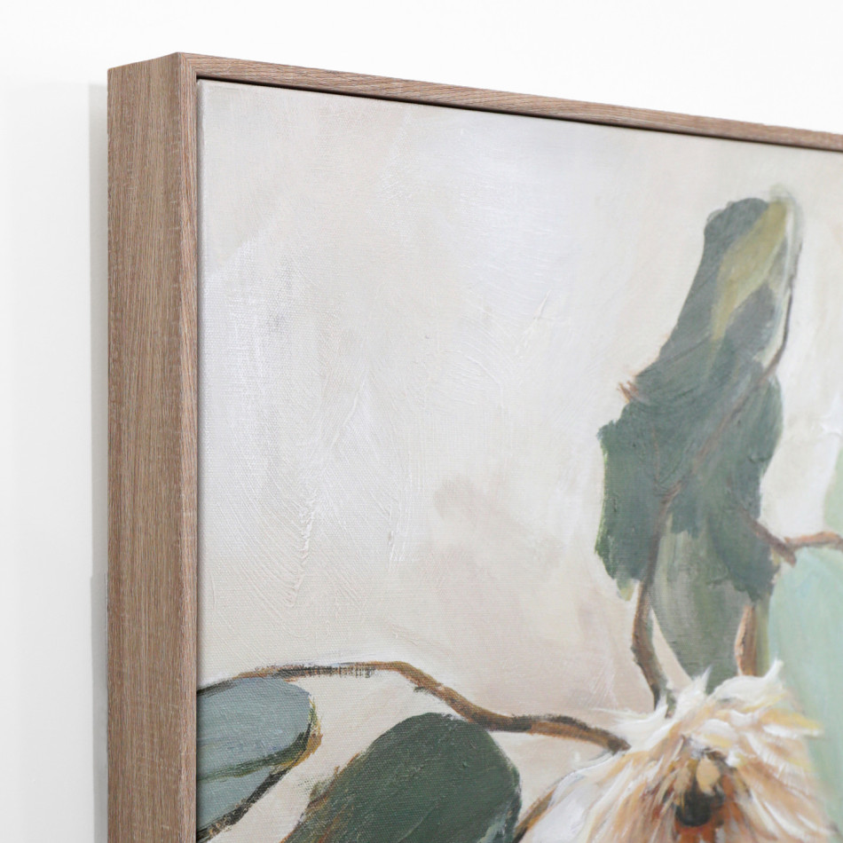 Angled close-up of the natural-coloured frame, canvas weave and painted texture on the eucalyptus artwork