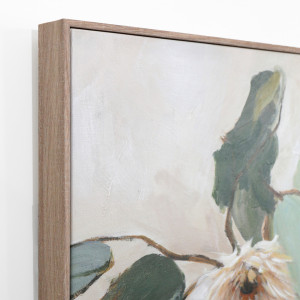 Angled close-up of the natural-coloured frame, canvas weave and painted texture on the eucalyptus artwork