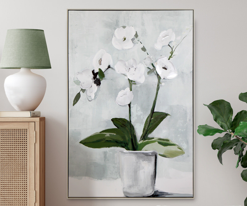 Cascade White Orchids Framed Canvas Painting