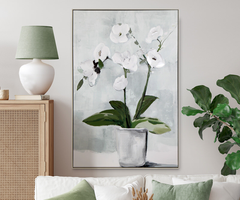 Cascade White Orchids Framed Canvas Painting