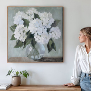 Audrey White Hydrangeas Canvas Painting, presented as decorative artwork for creating a focal point on a wall