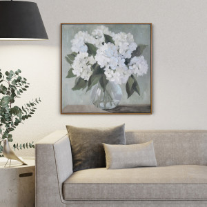 Audrey White Hydrangeas Canvas Painting, a wall display piece featuring the named subject and composition