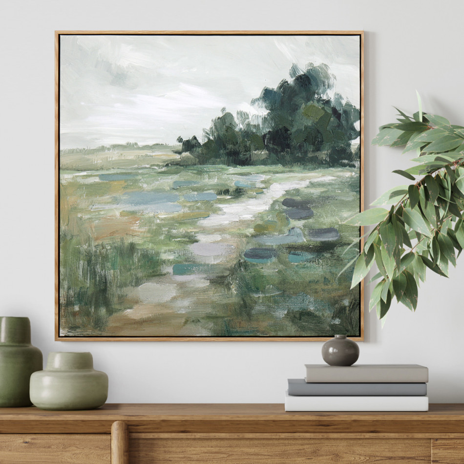 Hambledon Green Landscape Framed Canvas Painting, presented as decorative artwork for creating a focal point on a wall