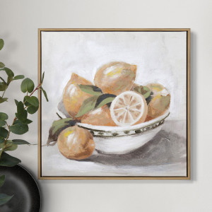 Cordoba canvas painting of yellow lemons and leafy stems arranged in a ceramic bowl