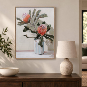 Monteiro Banksia Canvas Painting above a dark timber sideboard, styled with a cream bowl and table lamp