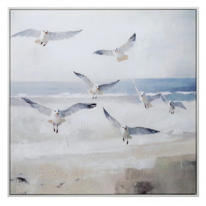 Beachcomber Seagulls Framed Canvas Painting, decorative wall artwork for an interior display
