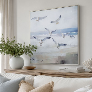 Beachcomber Seagulls Framed Canvas Painting, presented as decorative artwork for creating a focal point on a wall