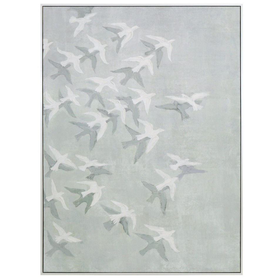 Skyward White Birds Canvas Painting with white birds and grey silhouettes on a pale background in a white frame