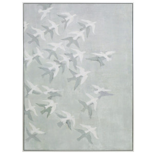 Skyward White Birds Canvas Painting with white birds and grey silhouettes on a pale background in a white frame