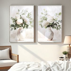 Bellevue II White Hydrangeas Canvas Painting, presented as decorative artwork for creating a focal point on a wall