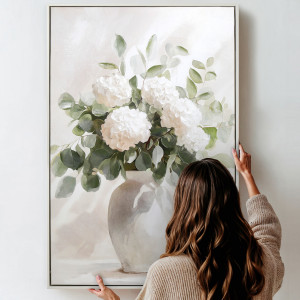 Bellevue I White Hydrangeas Canvas Painting, framed wall artwork