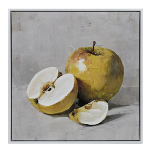 Golden Orchard Apple Still Life Painting with yellow apples and creamy white flesh against a grey background