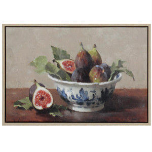 Lombard framed canvas showing purple figs and green leaves in a blue-and-white bowl