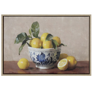 Lombard Lemon Bowl Still Life Painting with yellow lemons, green leaves and a natural-coloured frame