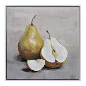 Golden Orchard Pear Still Life Painting with yellow pears, creamy flesh and a grey background in a white frame