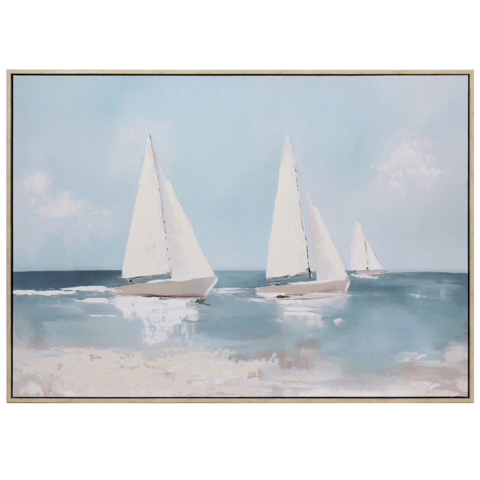 Gentle Journey Coastal Canvas Painting showing three white yachts on blue water in a natural-coloured frame