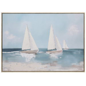 Gentle Journey Coastal Canvas Painting showing three white yachts on blue water in a natural-coloured frame