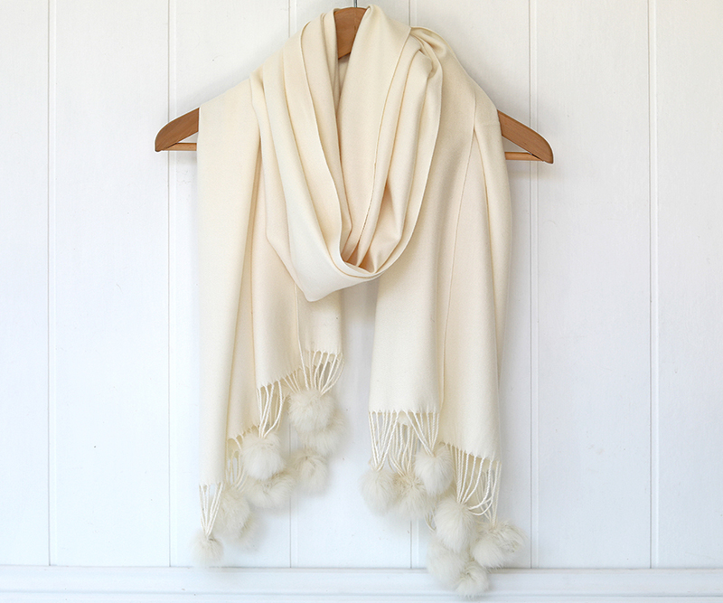 Ascot Cashmere Scarf Pom Pom - Ivory