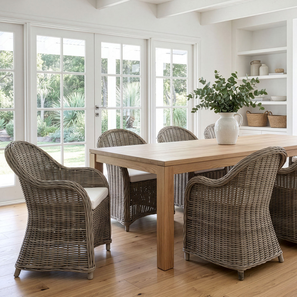 Four antique-grey rattan chairs with cream cushions arranged around a dining table