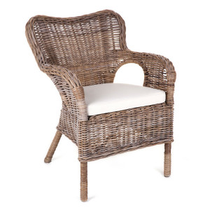 Angled product view of the woven Calypso armchair with its cream seat cushion