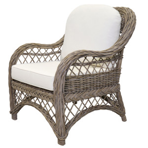 Grey-brown woven rattan armchair with cream cushions on a white background