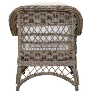 Rear view of the Camden armchair showing its woven rattan back and latticework