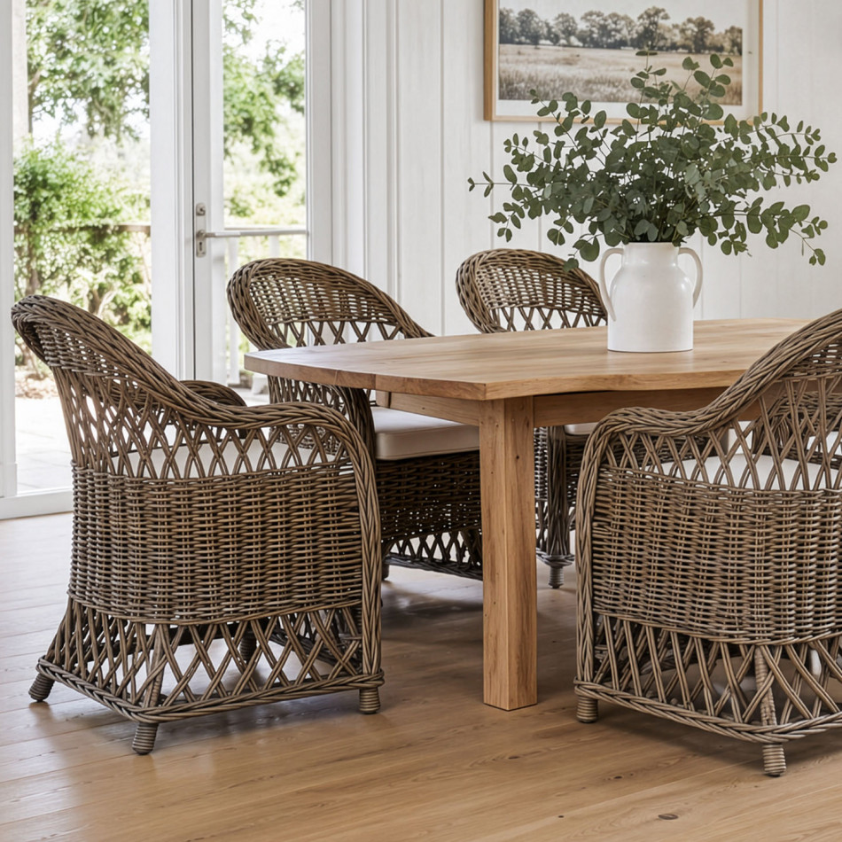 Clifton rattan armchairs arranged around a round wooden dining table