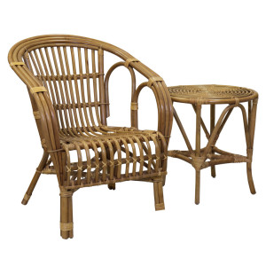 Avery rattan armchair beside a coordinating round side table