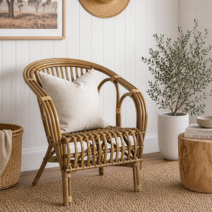 Avery natural rattan armchair styled with a cream cushion and woven decor
