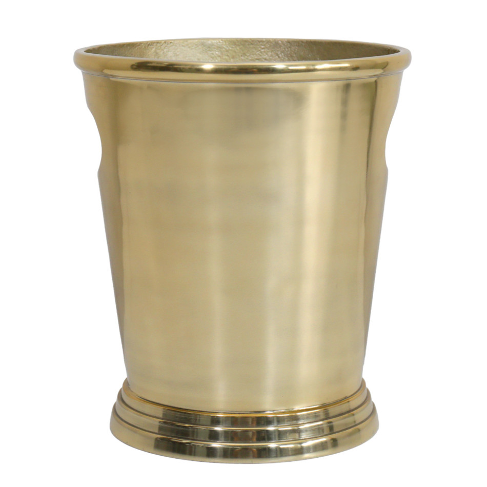 Front view of the gold champagne bucket with a rounded rim, tapered body and stepped circular base