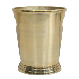 Front view of the gold champagne bucket with a rounded rim, tapered body and stepped circular base