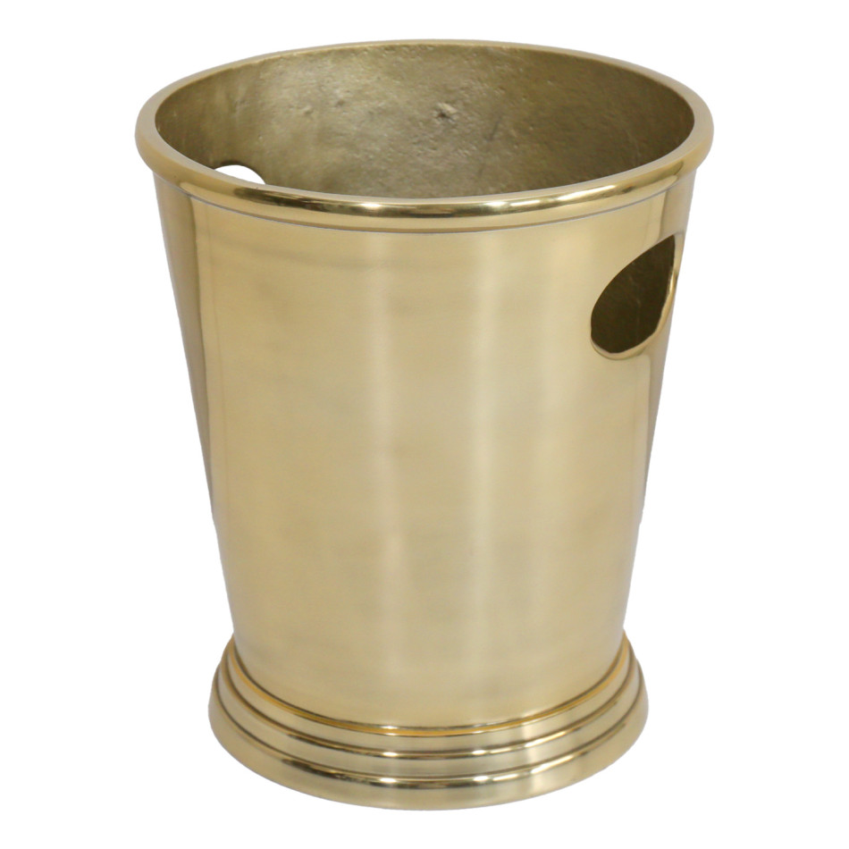 Angled view of a gold aluminium champagne bucket showing its cutout side handles and textured interior