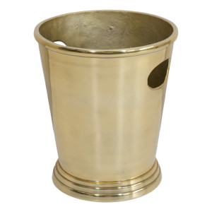 Angled view of a gold aluminium champagne bucket showing its cutout side handles and textured interior