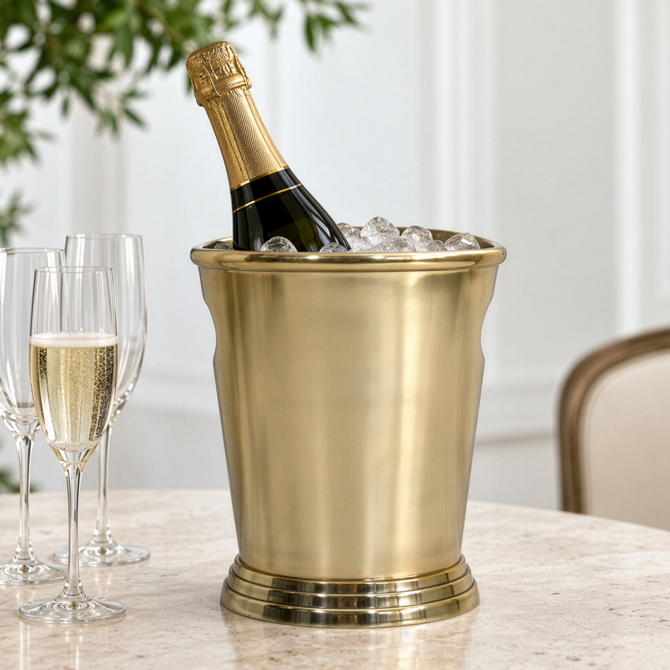 Gold champagne bucket with a bottle and ice on a pale dining table beside flutes and greenery