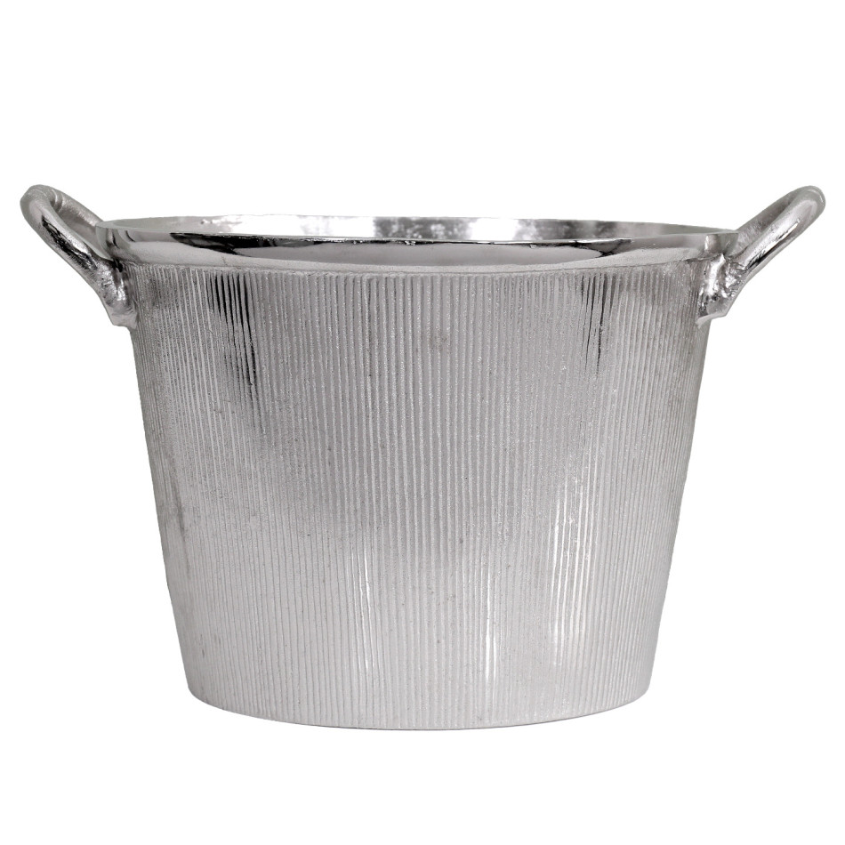 Oval silver aluminium champagne bucket with vertical ribbing and two curved side handles