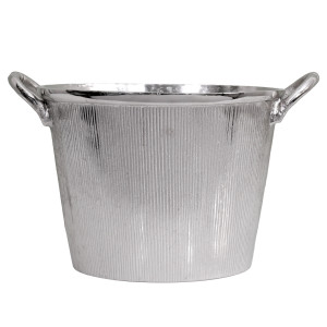 Oval silver aluminium champagne bucket with vertical ribbing and two curved side handles