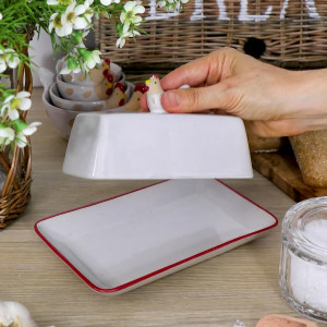 The Little Red Hen Butter Dish, designed for practical dining use with an ornamental presentation