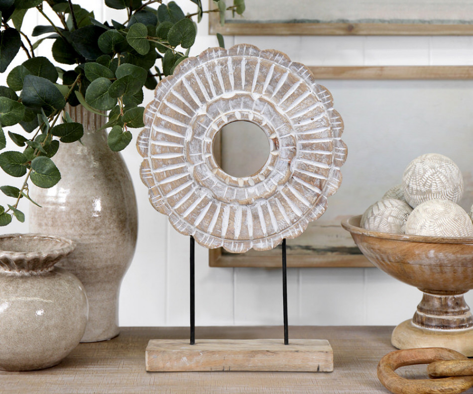 Wallis Whitewash Wooden Disk on Stand