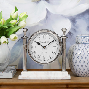 Montague Silver Column Mantel Clock, a decorative timepiece suited to a wall, mantel, shelf or tabletop