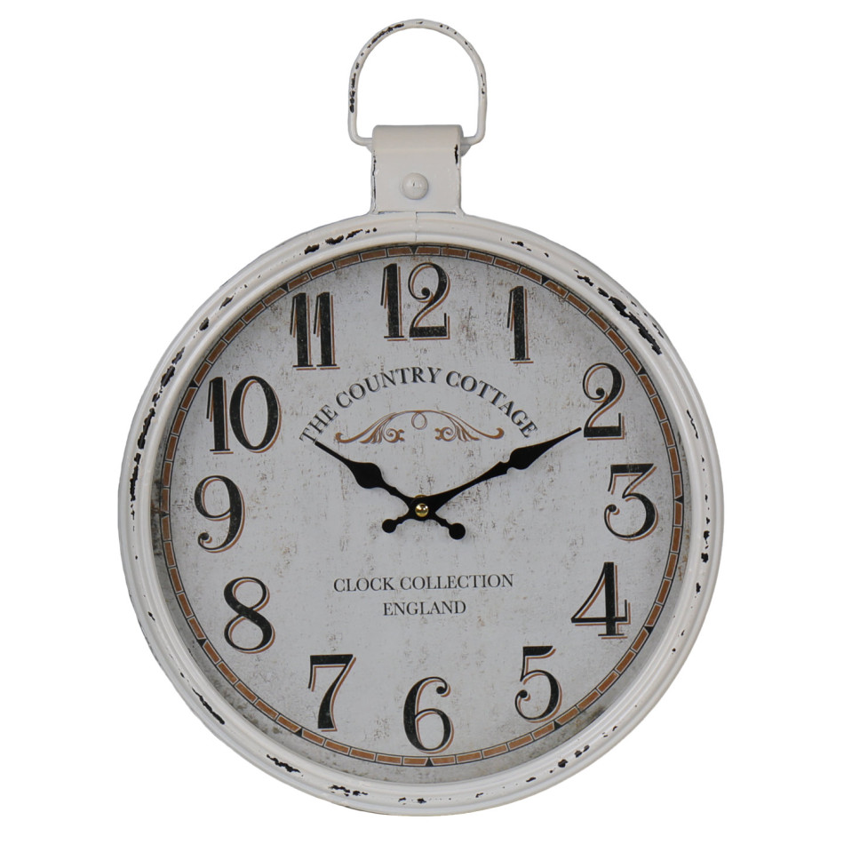 Front view of round rustic white wall clock with black Arabic numerals and decorative top loop