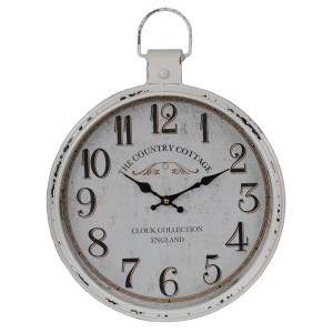 Front view of round rustic white wall clock with black Arabic numerals and decorative top loop