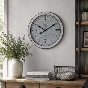 Vintage silver metal wall clock styled above a timber console with a vase and wire basket