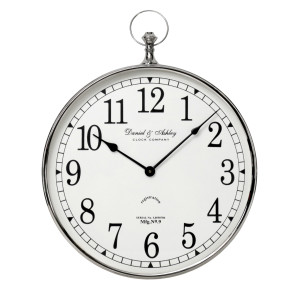 Front view of Stanford silver wall clock with white face and black numerals