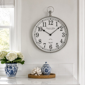 Stanford Silver Fob Wall Clock styled in a bright Hamptons kitchen